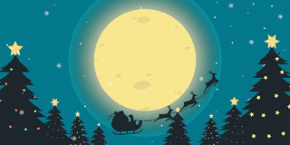 蓝色卡通月亮松树麋鹿拉车圣诞老人展板背景